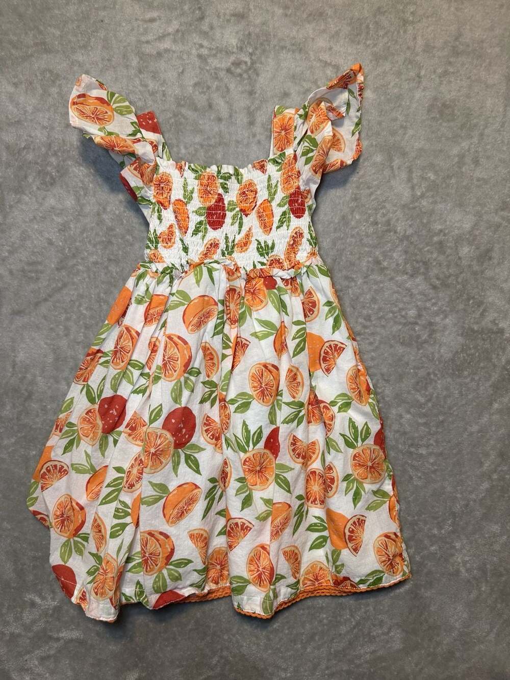 Sigrid Olsen Kids Girls Orange Fruit Print Smocked Flutter Sleeve Dress